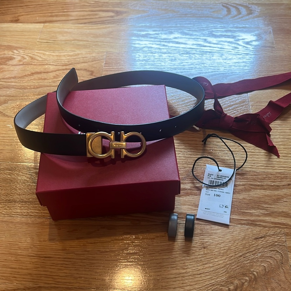 Reversible and adjustable Gancini belt (black/fossil grey)